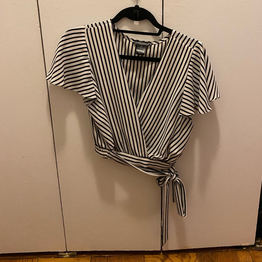 Aqua black and white striped cropped wrap top